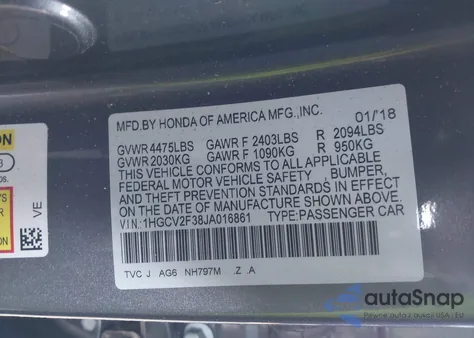 2018 Honda Accord Sport 2.0T from USA, damaged, VIN 1HGCV2F38JA016861